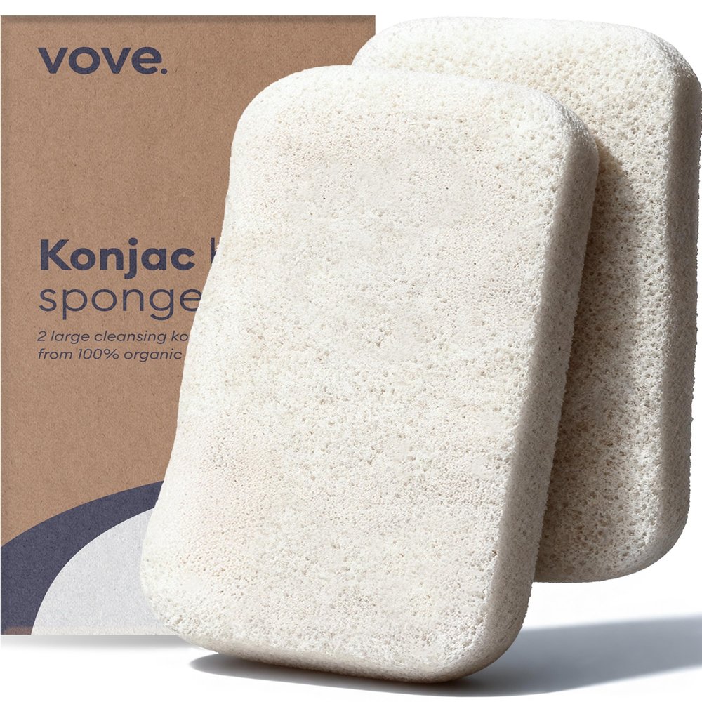 Vove Organic Konjac Body Sponges 2-Pack - Natural Full Body Exfoliating Shower Sponges, Gentle Plant-Based Cleansing for All Skin Types, Microplastic-Free Biodegradable, Certified Organic