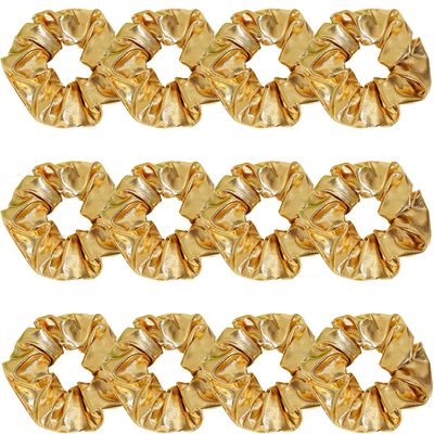12 Pcs PU Leather Cheer Hair Scrunchies Gold Scrunchy School Performance Ponytail Holder Hair Accessories for Cheerleading Teen Girls College Sports (Gold)
