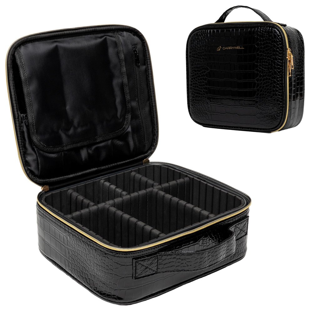 Carrywell Makeup Bag Travel Case, Not-Made In China, Hard Train Case for Cosmetics, Portable Beauty Artists Organizer, Storage Box With Adjustable Dividers For Make Up and Brushes, Small Crocodile