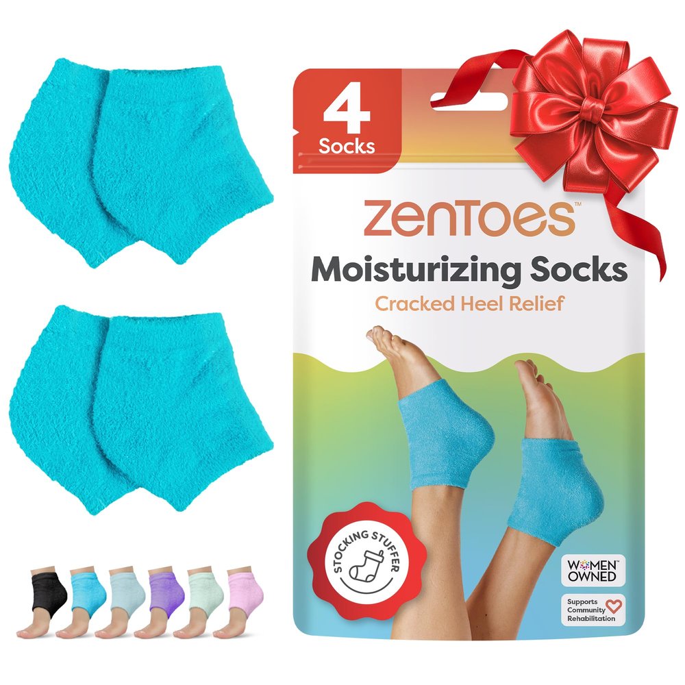 ZenToes Moisturizing Socks for Cracked Heel Treatment, Vitamin E, Olive Oil and Jojoba Oil Heel Socks, Stocking Stuffers for Women, Spa Self Care Gifts for Women (Fuzzy Blue, Wide Width)