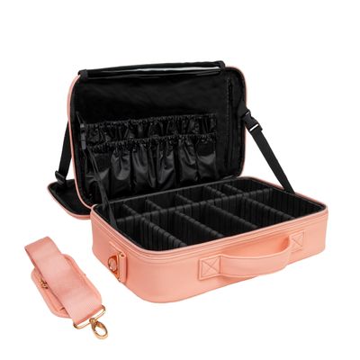 Carrywell Makeup Bag Travel Case, Not-Made In China, Hard Train Case for Cosmetics, Portable Beauty Artists Organizer, Storage Box With Adjustable Dividers For Make Up and Brushes, Medium Pink