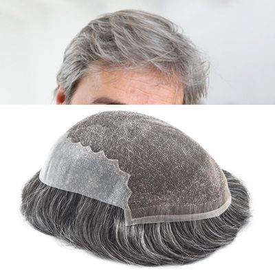 Toupee for Men Hair Replacement System Swiss Lace Mens toupee Front Bleached Knot Natural Hairline Men Hair Unit 100% Human Hair Gray Brown Black Blonde Men Hair Piece (7"X9", #1B80 Off Black+80% Gray-80% Light Density)