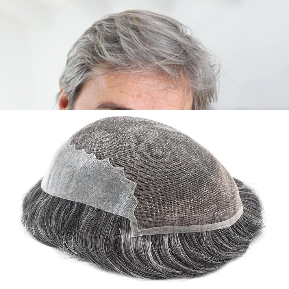 Toupee for Men Hair Replacement System Swiss Lace Mens toupee Front Bleached Knot Natural Hairline Men Hair Unit 100% Human Hair Gray Brown Black Blonde Men Hair Piece (7"X9", #1B80 Off Black+80% Gray-80% Light Density)