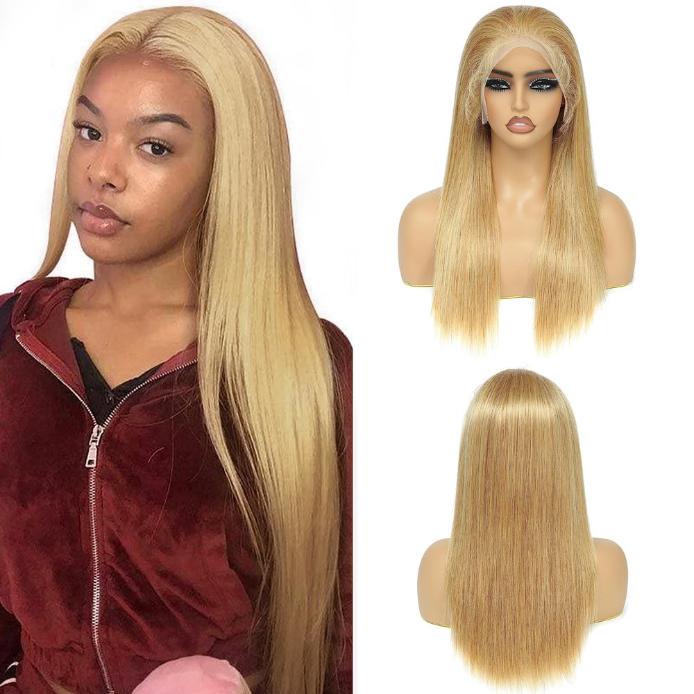 13x4 Lace Front Human Hair Wigs For Black Women (18inch,27#) Brazilian Remy Straight Honey Blonde Transparent Pre plucked Lace Frontal Wig With Baby Hair 180% Density Glueless Lace Wig