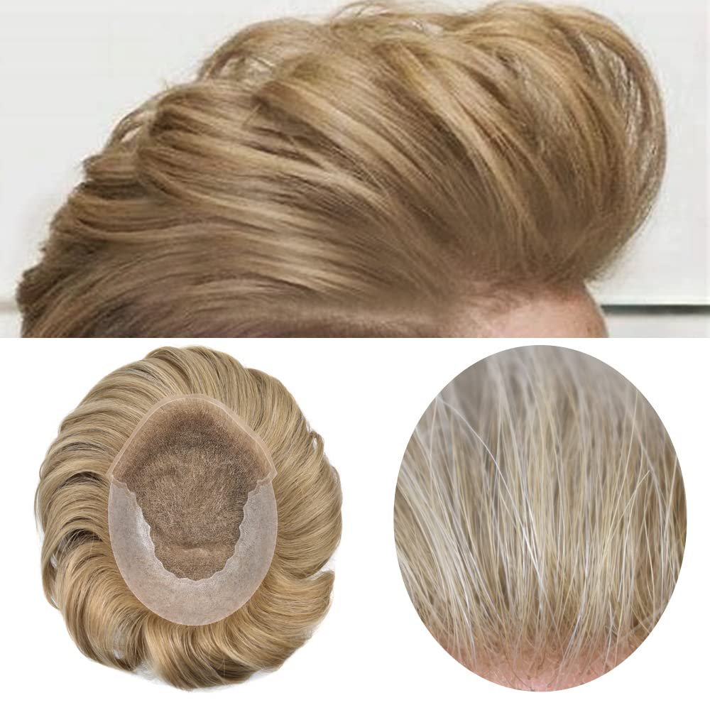 Toupee for Men Hair Replacement System Swiss Lace Mens toupee Front Bleached Knot Natural Hairline Men Hair Unit 100% Human Hair Gray Brown Black Blonde Men Hair Piece (7"X9", #2010 Light Ash Blonde+10% Gray-80% Light Density)