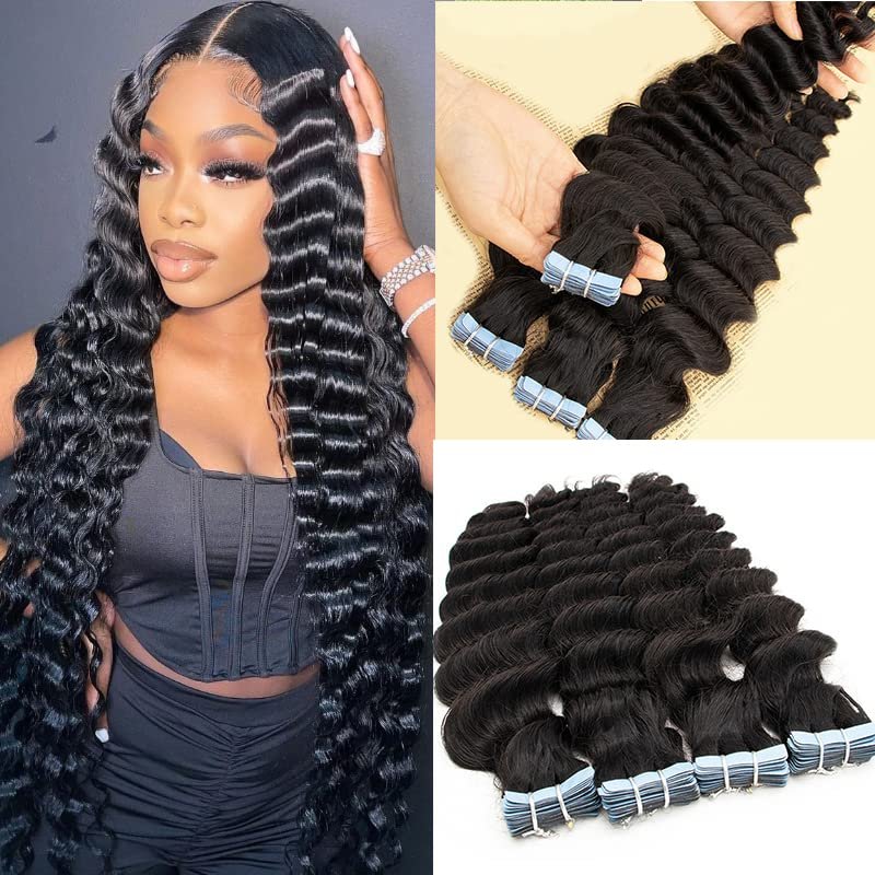 10inch Tape in Hair Extensions Human Hair Deep Wave 1Bundle 100g 40pcs Real Human Hair Extensions Wavy Seamless Skin Weft Adhesive Invisible Tape Hair for Women Natural Black Brazilian Remy Tape ins