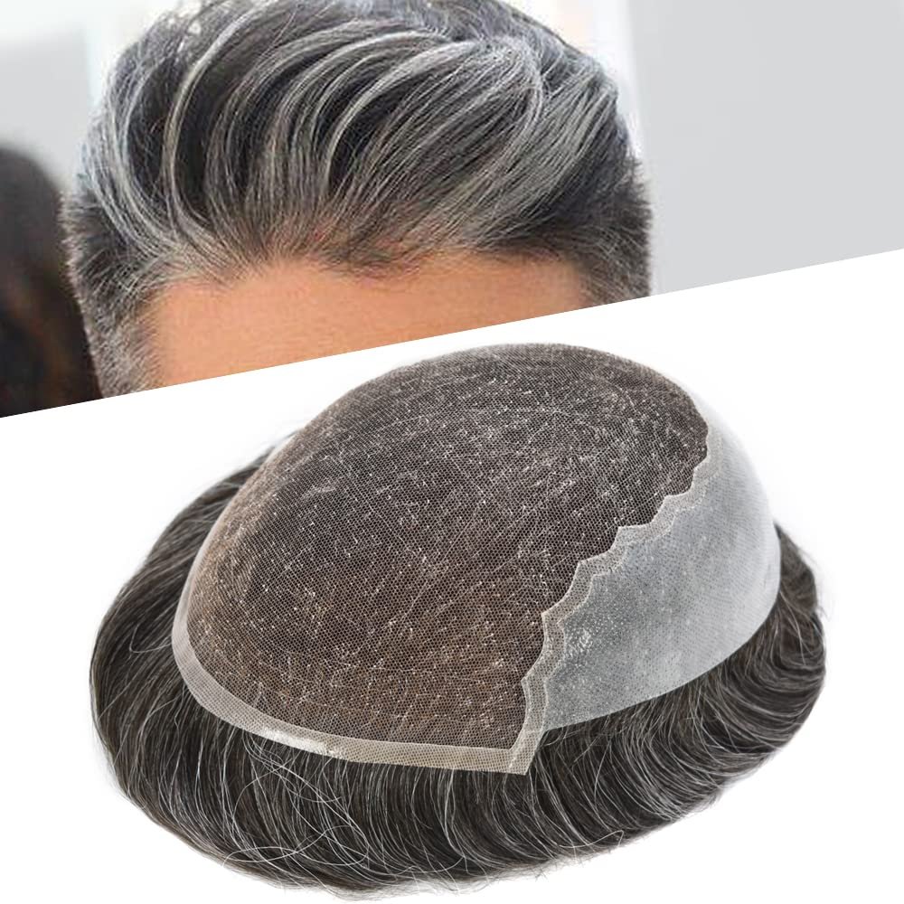 Toupee for Men Hair Replacement System Swiss Lace Mens toupee Front Bleached Knot Natural Hairline Men Hair Unit 100% Human Hair Gray Brown Black Blonde Men Hair Piece (7"X9", #260 Darkest Brown+60% Gray-90% Light Density)