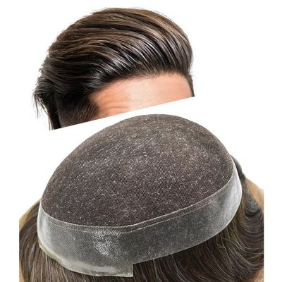 Hair Wonders Men's Toupee - Real Human Hair Swiss Lace System, Breathable, Medium Light Density #220, Darkest Brown +20% Grey
