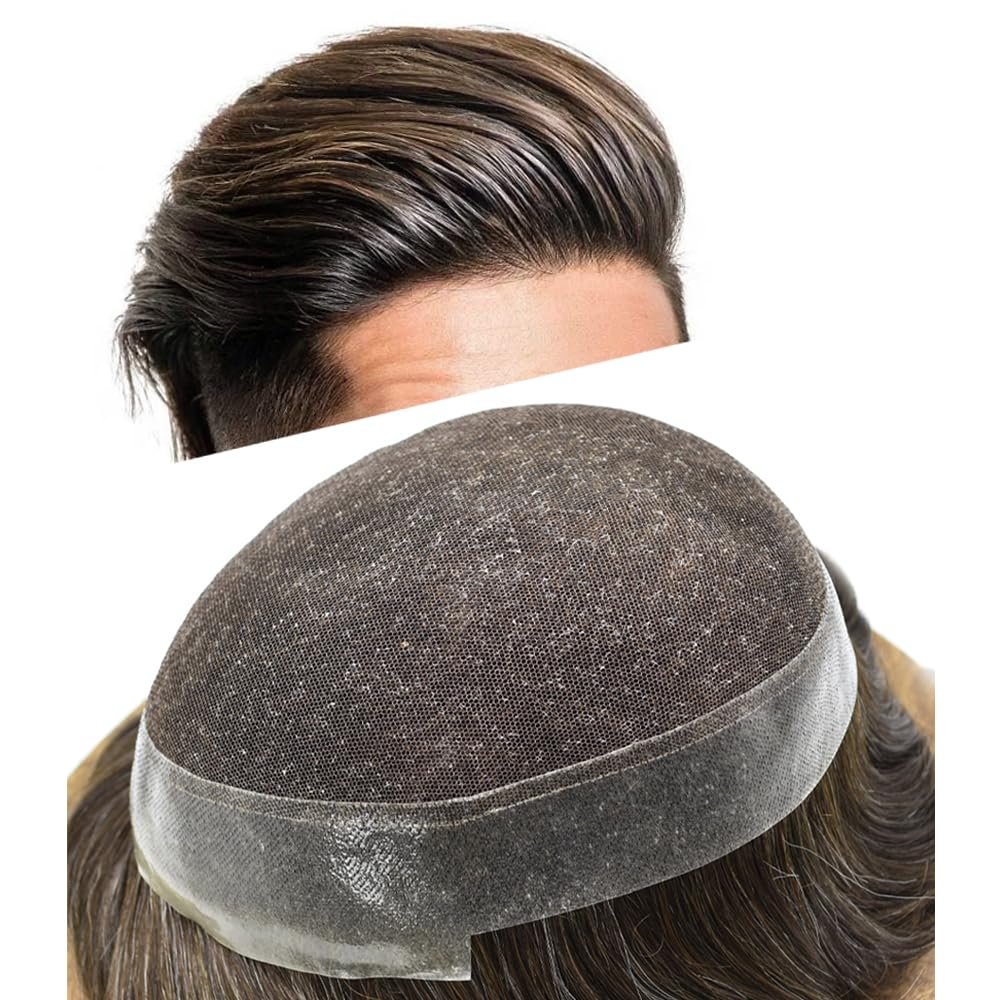 Hair Wonders Men's Toupee - Real Human Hair Swiss Lace System, Breathable, Medium Light Density #220, Darkest Brown +20% Grey