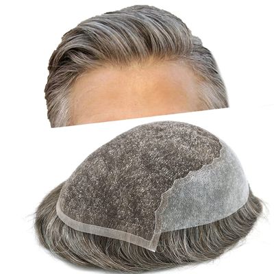 Toupee for Men Hair Replacement System Swiss Lace Mens toupee Front Bleached Knot Natural Hairline Men Hair Unit 100% Human Hair Gray Brown Black Blonde Men Hair Piece (7"X9", #460 Medium Brown+60% Gray-90% Light Density)