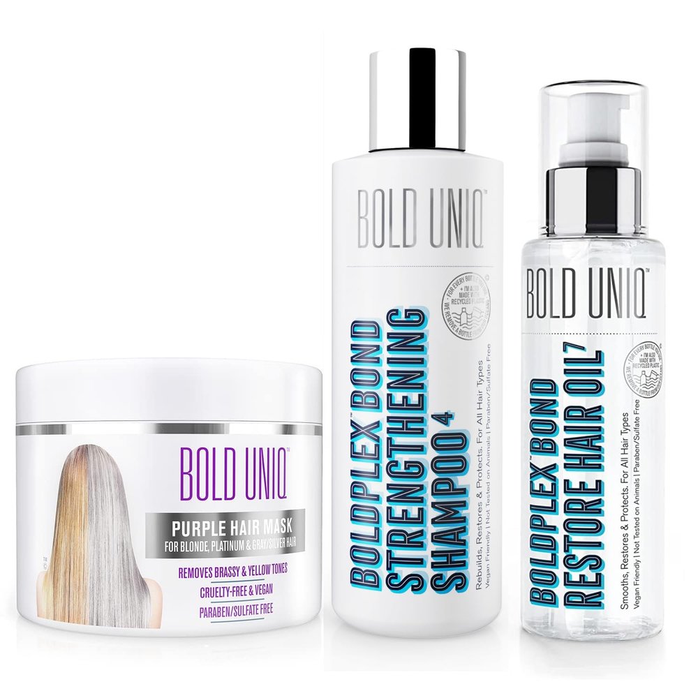 BOLD UNIQ Purple Hair Mask, BoldPlex 4 Shampoo & BoldPlex 7 Hair Oil Bundle - Remove Brassiness & Yellow Tones, Strengthen, Protect Damaged Hair & Reduce Frizz - Paraben, Sulfate-free, Vegan Friendly