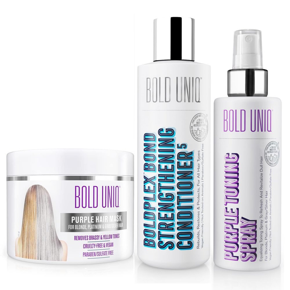 BOLD UNIQ Purple Hair Mask, BoldPlex 5 Conditioner & Purple Toning Spray - Remove Brassiness and Yellow Tones, Strengthen, Protect Damaged Hair & Reduce Frizz - Paraben, Sulfate-free, Vegan Friendly