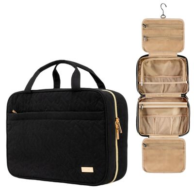Carrywell Toiletry Bag Travel Bag with Hanging Hook, Makeup Organizer Case, Water-Resistant Cosmetic Bag For Full-size Containers, Toiletries, Black Large (Not Made In China)