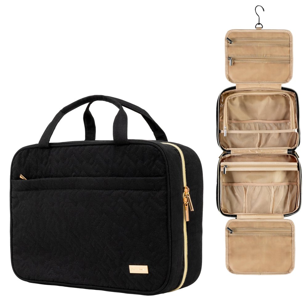 Carrywell Toiletry Bag Travel Bag with Hanging Hook, Makeup Organizer Case, Water-Resistant Cosmetic Bag For Full-size Containers, Toiletries, Black Large (Not Made In China)