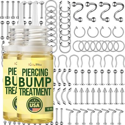 BodyJ4You 120PC Body Piercing Jewelry Kit - Piercing Aftercare Bump Treatment Keloid Removal Solution - 14G 16G 18G 20G CBR BCR Rings Barbells Studs Screws Curved Bars