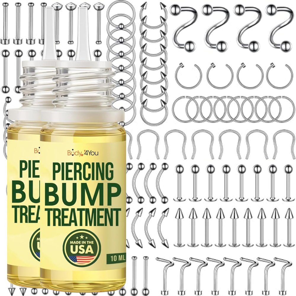 BodyJ4You 120PC Body Piercing Jewelry Kit - Piercing Aftercare Bump Treatment Keloid Removal Solution - 14G 16G 18G 20G CBR BCR Rings Barbells Studs Screws Curved Bars