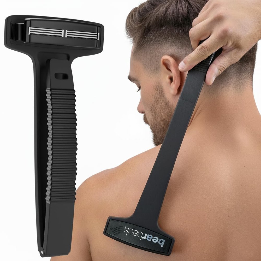 Bearback Back Shaver for Men  DIY Razor with Pivoting Triple Blades & Folding Handle  Wet or Dry Back & Body Hair Removal