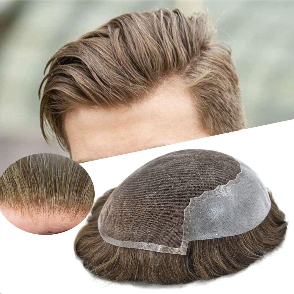 Toupee for Men Hair Replacement System Swiss Lace Mens toupee Front Bleached Knot Natural Hairline Men Hair Unit 100% Human Hair Gray Brown Black Blonde Men Hair Piece (7"X9", #520 Medium Light Brown+20% Gray-110% Light to Medium Density)