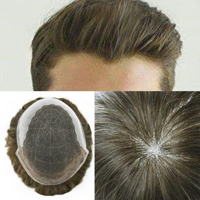Toupee for Men Hair Replacement System Swiss Lace Mens toupee Front Bleached Knot Natural Hairline Men Hair Unit 100% Human Hair Gray Brown Black Blonde Men Hair Piece (7"X9", #720 Very Light Brown+20% Gray-100% Light to Medium Light Density)