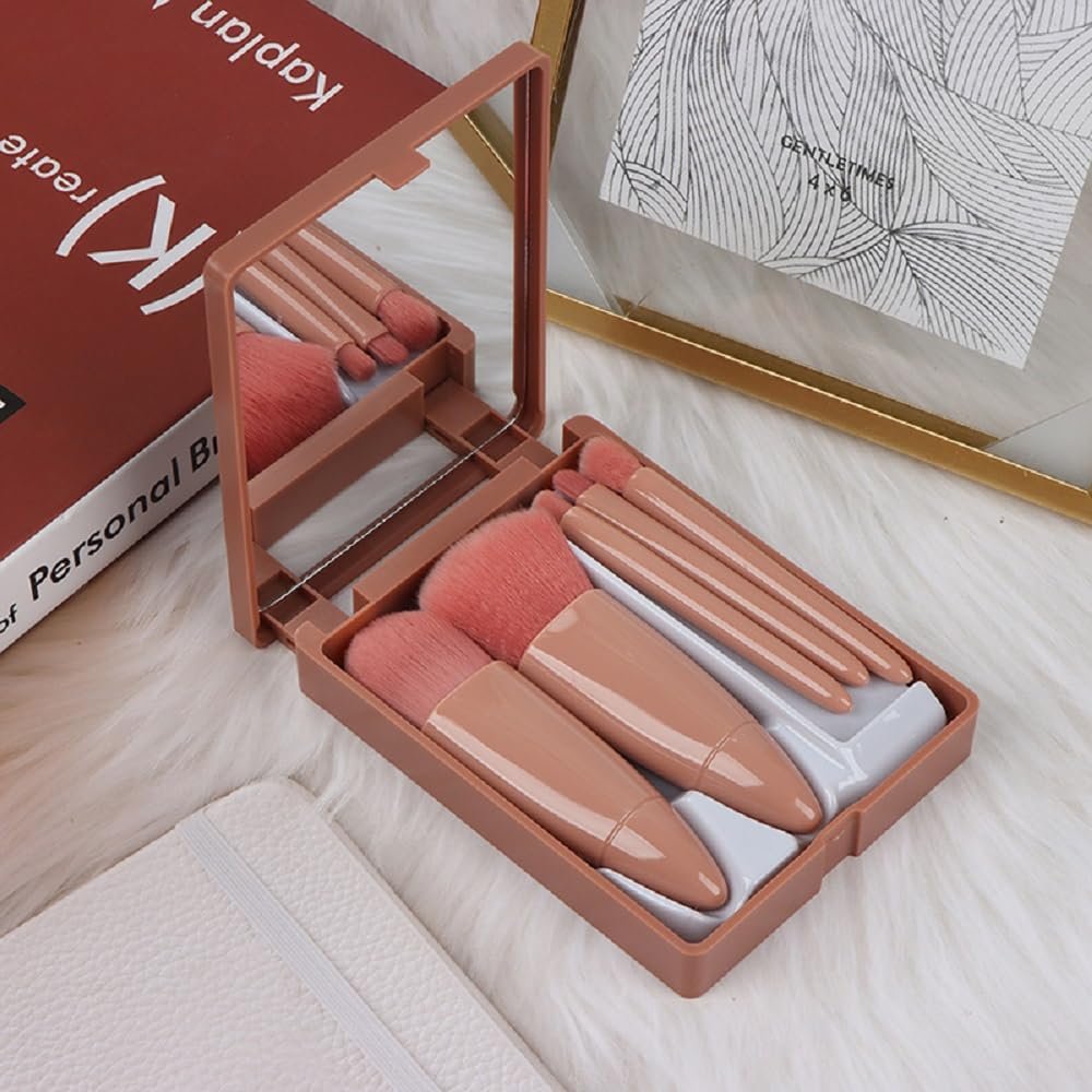 5pcs Easy taken Travel Size Makeup Brush Set, Mini Makeup Brushes Small Complete Function Cosmetic Brushes Kit with Case Mirror, Eyeshadow Brush Set Makeup Brushes for Women Makeup (Pink)