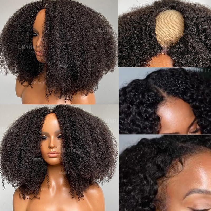 10inch 4B/4C Afro Kinky Curly UPart Wigs Human Hair 2X4 Middle Part Brazilian Glueless Human Hair U Part Wigs Natural Black Kinky Curly Clip In Half U Shape Wig Full Head None Lace 150Density