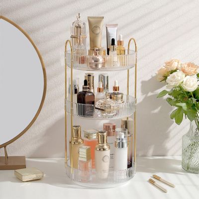 Aveniee Rotating Makeup Organizer for Vanity, 3 Tier Perfume Skincare Organizers and Storage for Bathroom Countertop, Clear Spinning Counter Cosmetic Holder for Dresser,White