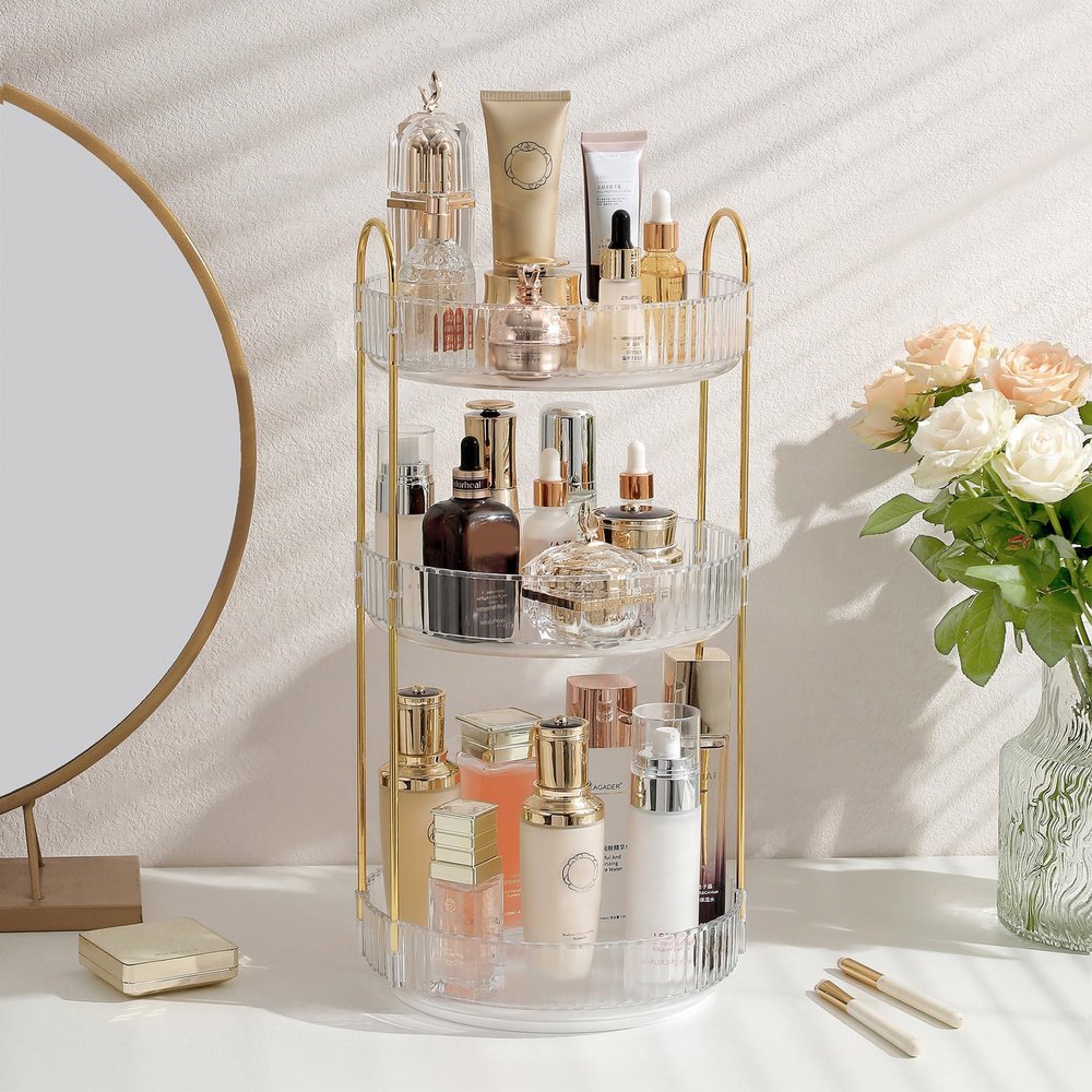 Aveniee Rotating Makeup Organizer for Vanity, 3 Tier Perfume Skincare Organizers and Storage for Bathroom Countertop, Clear Spinning Counter Cosmetic Holder for Dresser,White