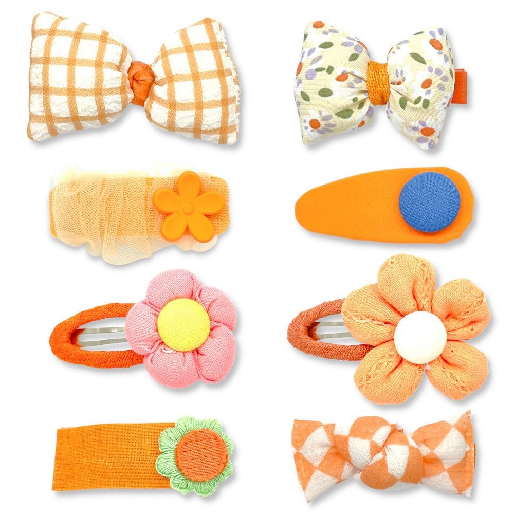 Bow Hair Clips for Girls - 8 Pack Orange Cute Toddler Hair Clips, Barrettes & Bows, Alligator Lined Snap Clips, Baby Girls Hair Accessories for Little Kids, Children & Teens