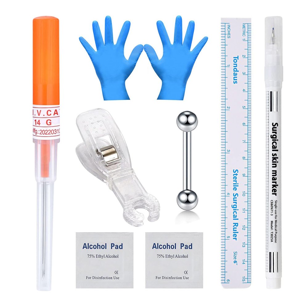 Beautidots 14G 16G 20G Body Piercing Kit for Ear Nose Lip Tongue Eyebrow Septum Belly Catheter Piercing Needles with Clamp Gloves Jewelry Self Piercing Kits at Home