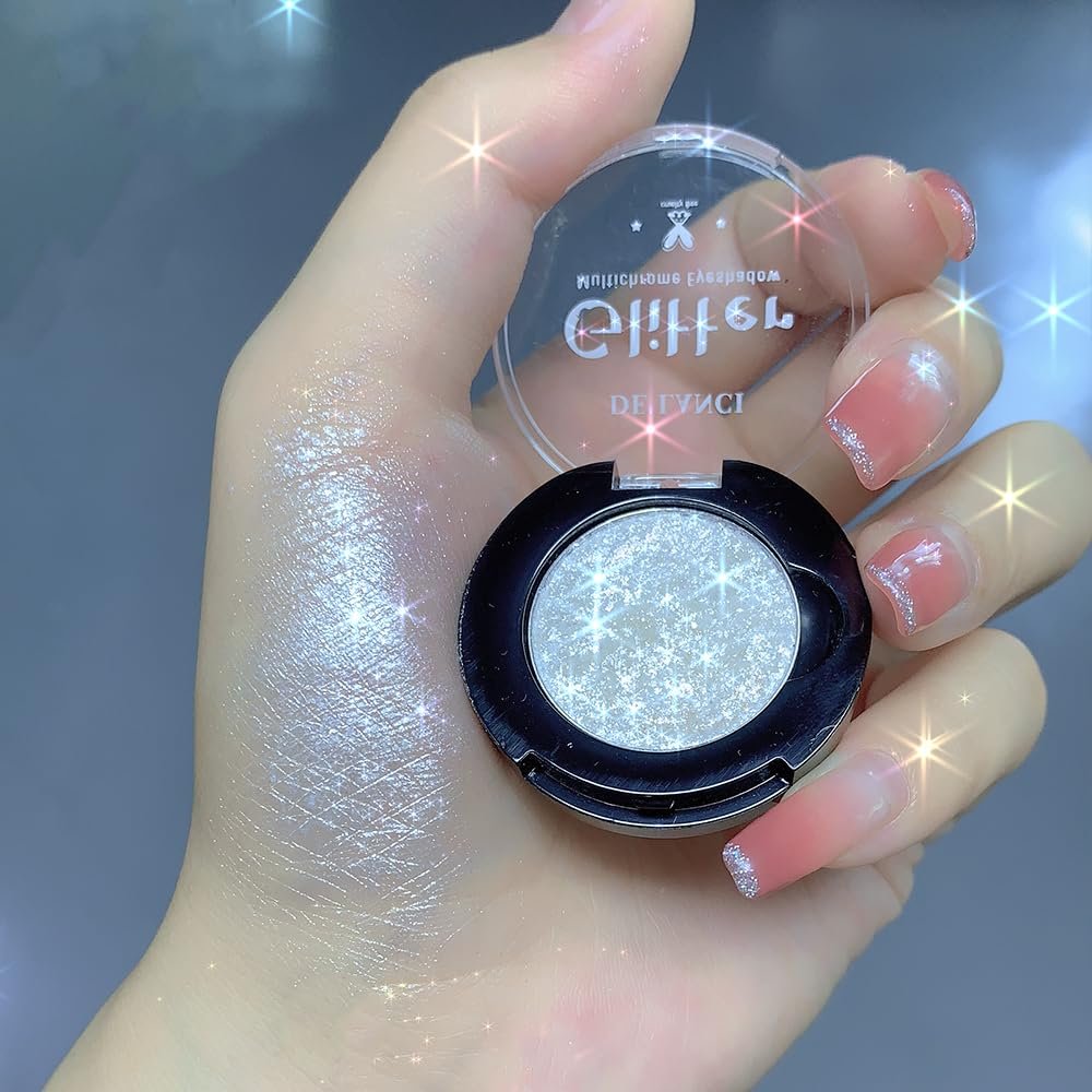 Afflano Shimmery White Glitter Eyeshadow, Highly Pigmented Single White Eyeshadow Sparkly Eye Makeup, Long Lasting Holographic White Eyes Highlighter Makeup, Cruelty Free,Talc Free, 1A