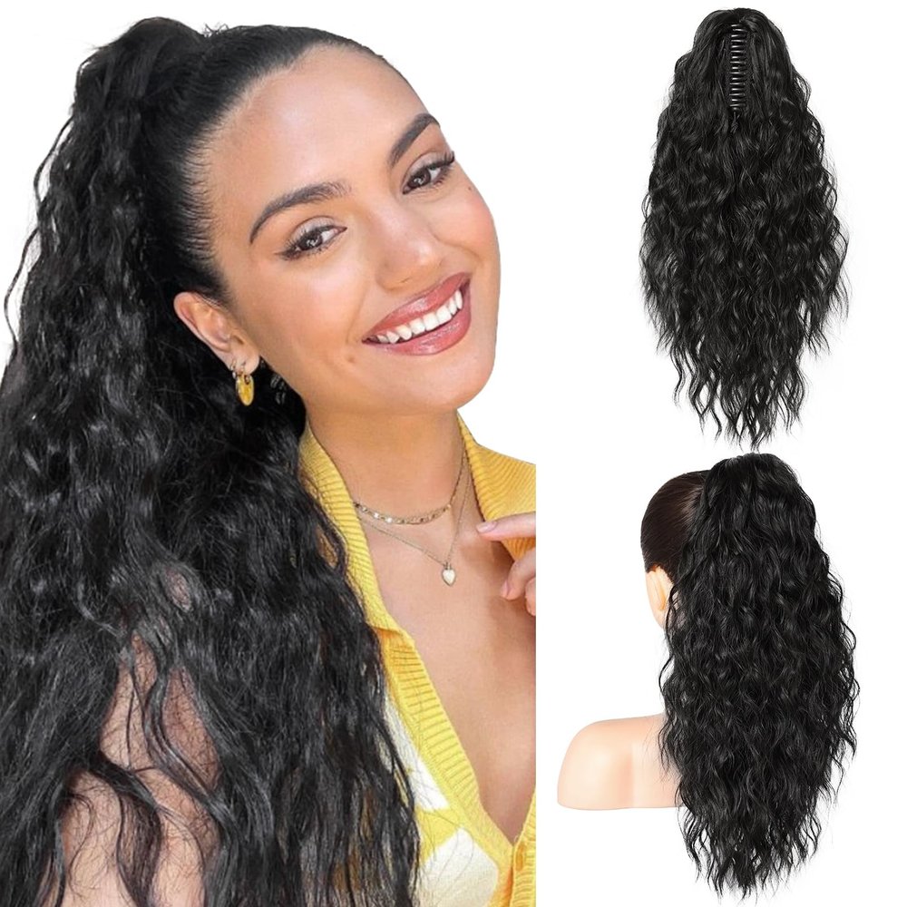 SEIKEA 18" Ponytail Extension Claw, PT002 Tia Long Multi Layered Hair FluffyThick Wavy Curly Clip in Hair Extensions Ponytail Natural Soft Synthetic Hairpiece for Women Natural Black