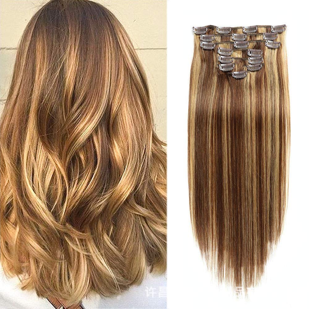 Clip in Hair Extensions Real Human Hair Blonde Balayage Straight Human Hair Extensions Clips in Medium Brown To Bleach Blonde Highlights 7 PCS,16INCH