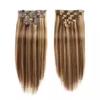 Clip in Hair Extensions Real Human Hair Blonde Balayage Straight Human Hair Extensions Clips in Medium Brown To Bleach Blonde Highlights 7 PCS,16INCH view 2