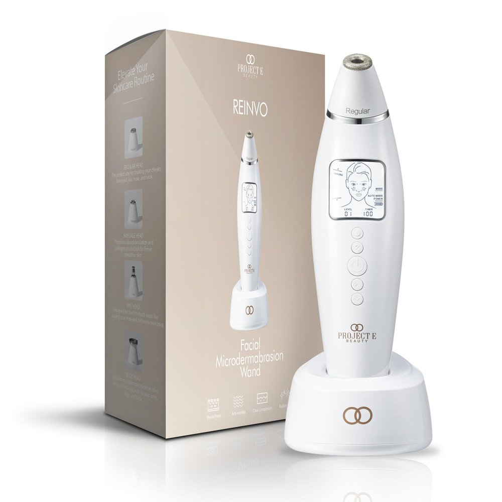 Reinvo Facial Microdermabrasion Wand by Project E Beauty | Gentle Exfoliation | Reduce Wrinkles & Fine Lines | Decrease Pores | Fresh & Radiant Skin | 4 Interchangeable Heads | Vacuum Suction Device
