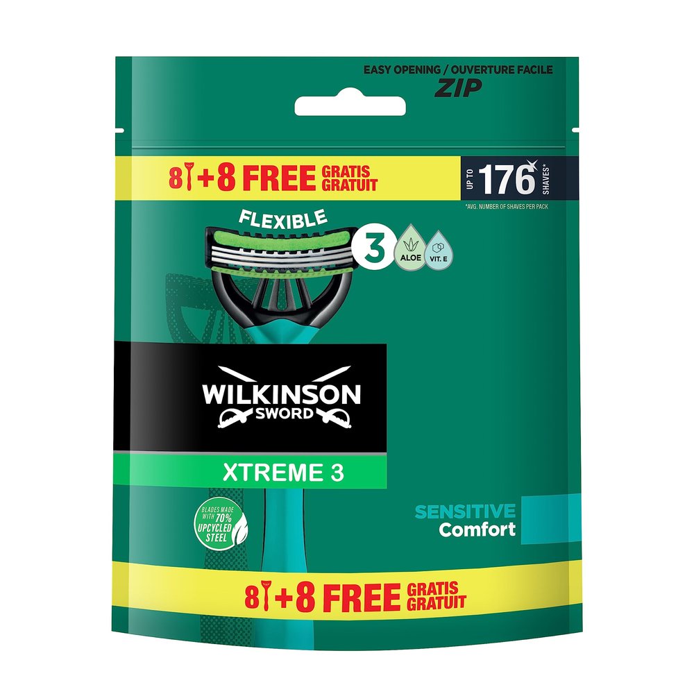 Wilkinson Sword Xtreme 3 Sensitive Disposable Razor with Lubricating Strips of Vitamin E and Aloe Vera, Ideal for Care and Smoothness of the Face