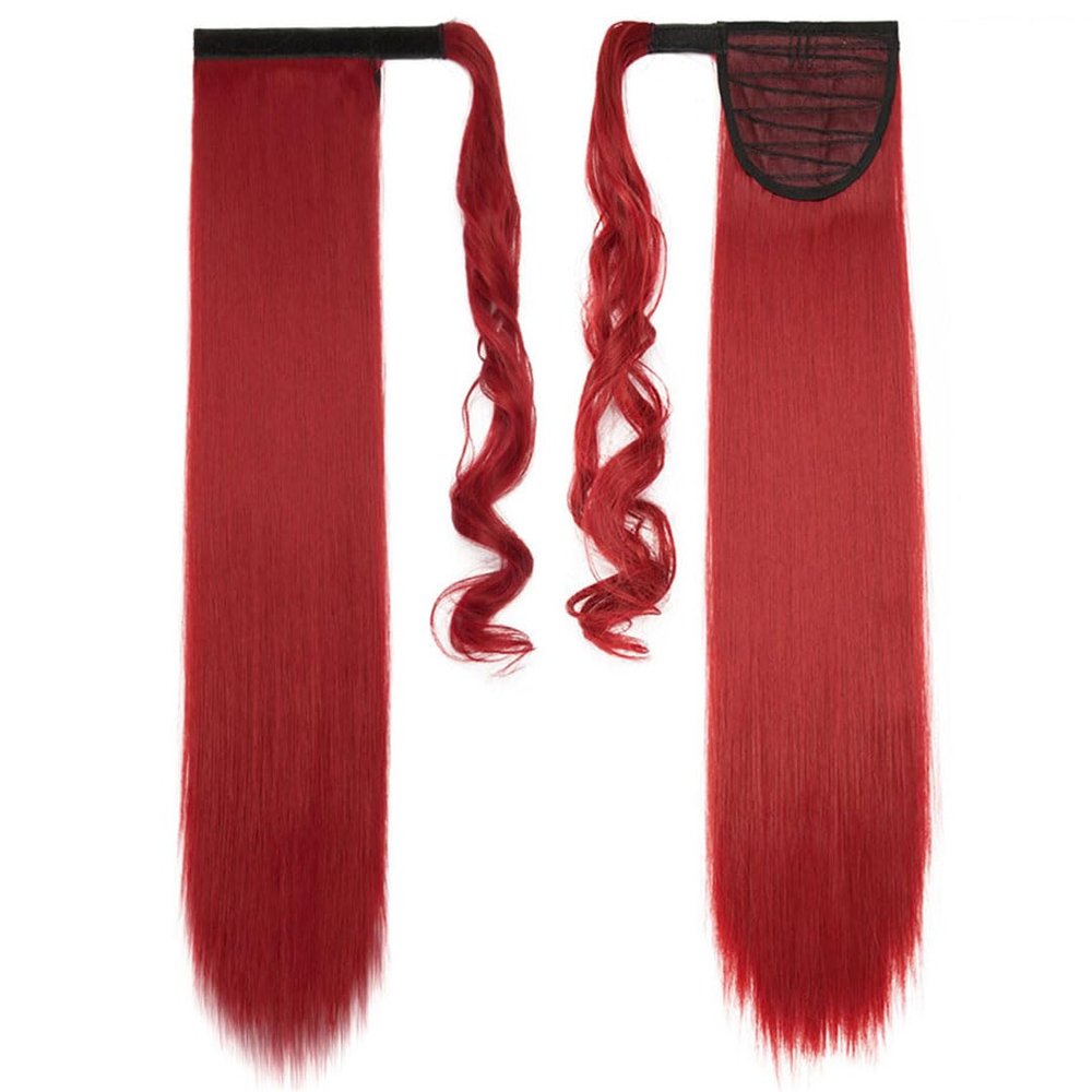 23 Inches Long Straight Wrap Around Clip In Ponytailtail Women Hair Extension Heat Synthetic Ponytail Tail Fake Hair dark red 26inches
