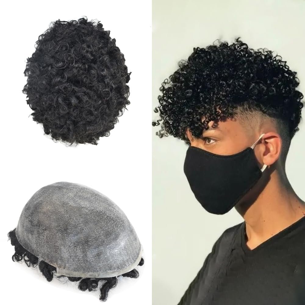 Afro Toupee For Black Men Real Human Hair Man Weave Hair Units For Black Men PU Kinky Curly Hair Pieces Mens Toupee Replacement System African American Afro Toupee (1B# OFF BLACK-20mm wave)