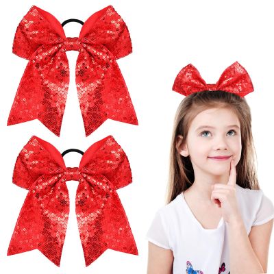2 Packs Jumbo Cheerleading Bow 8 Inch Large Cheer Hair Bows with Ponytail Holder for Teen Girls Softball Outfit Uniform(Sequin Red)