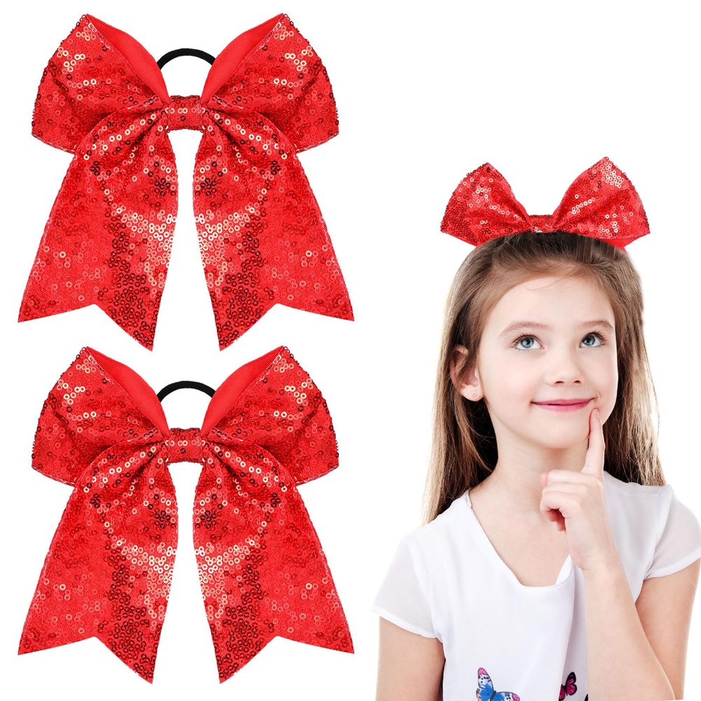 2 Packs Jumbo Cheerleading Bow 8 Inch Large Cheer Hair Bows with Ponytail Holder for Teen Girls Softball Outfit Uniform(Sequin Red)