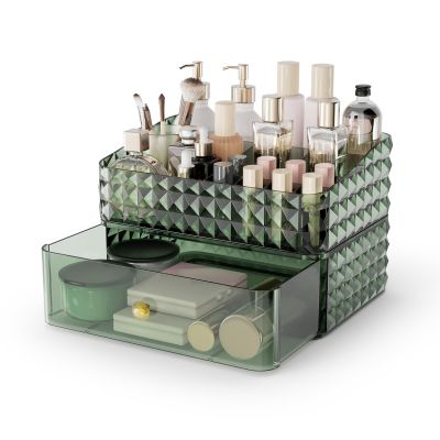 Rosoenvi Makeup Organizer for Vanity, Stackable Cosmetics Organizer and Storage, Cosmetic Display Cases with 1 Drawers and 1 Tray for Makeup Brush, Hair Accessories, Lipstick and Jewelry, Green