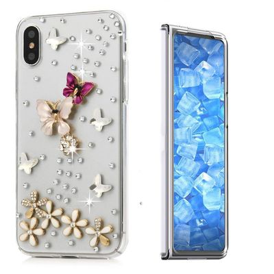 STENES Sparkle Case Compatible with Samsung Galaxy Z Fold 2 5G Case - Stylish - 3D Handmade Bling Butterfly Floral Rhinestone Crystal Diamond Design Girls Women Cover - Pink&Red