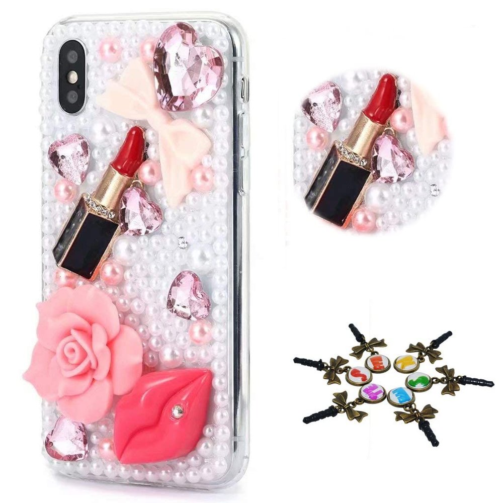 STENES Sparkle Case Compatible with TCL 40XL Case - Stylish - 3D Handmade Bling Girls Lipstick Rose Lips Rhinestone Crystal Diamond Design Girls Women Cover - Pink