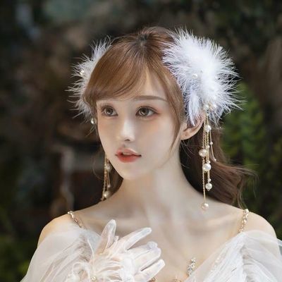 2 Pieces Fairy Feather Pearl Hairpin Hanfu Headdress, Korean Style Hairpins Pearl Feather Tassel Hair Side Clip for Women