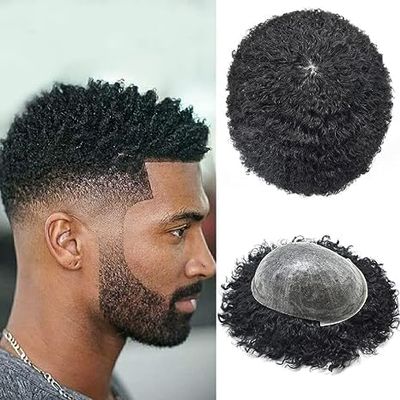 Afro Toupee For Men Brazilian Human Hair Unit for Black Men PU Injection African American Hair Units For Man Naturl Looking (#1B OFF BLACK-10MM Wave, 8"x10")