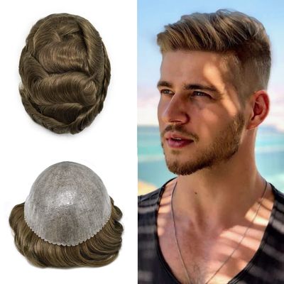 Healthlif Mens Toupee Human Hair Replacement System Full Poly Thin Soft Human Hair Piece for Men Injected PU Mens Hair System8''X10''-120% Light Medium To Medium Density4# MEDIUM BROWN