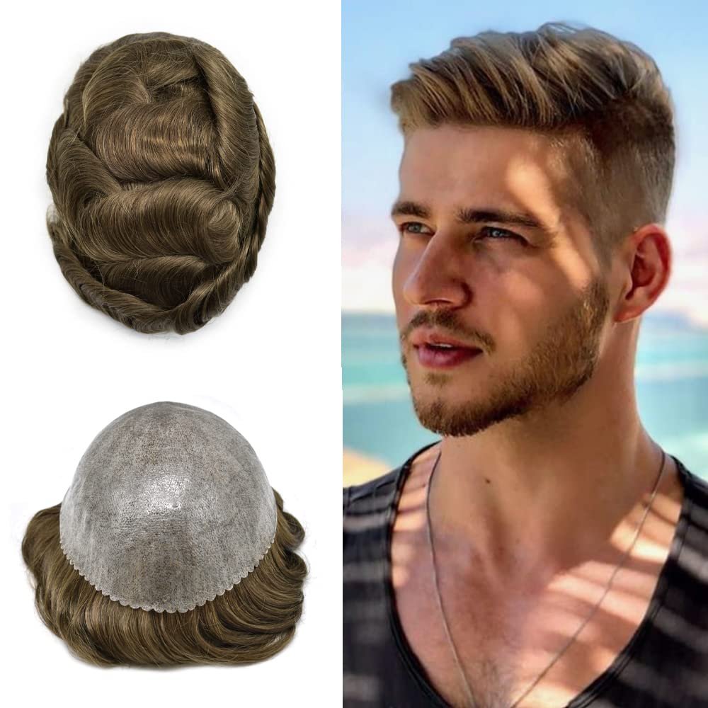 Healthlif Mens Toupee Human Hair Replacement System Full Poly Thin Soft Human Hair Piece for Men Injected PU Mens Hair System8''X10''-120% Light Medium To Medium Density4# MEDIUM BROWN