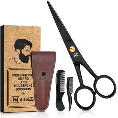 WAJEES Mustache & Beard Scissors for Men  Professional 5" Stainless Steel Grooming Kit with Comb & Travel Case  Sharp Facial Hair Trimming Tool for Mustache, Beard, Nose & Eyebrows
