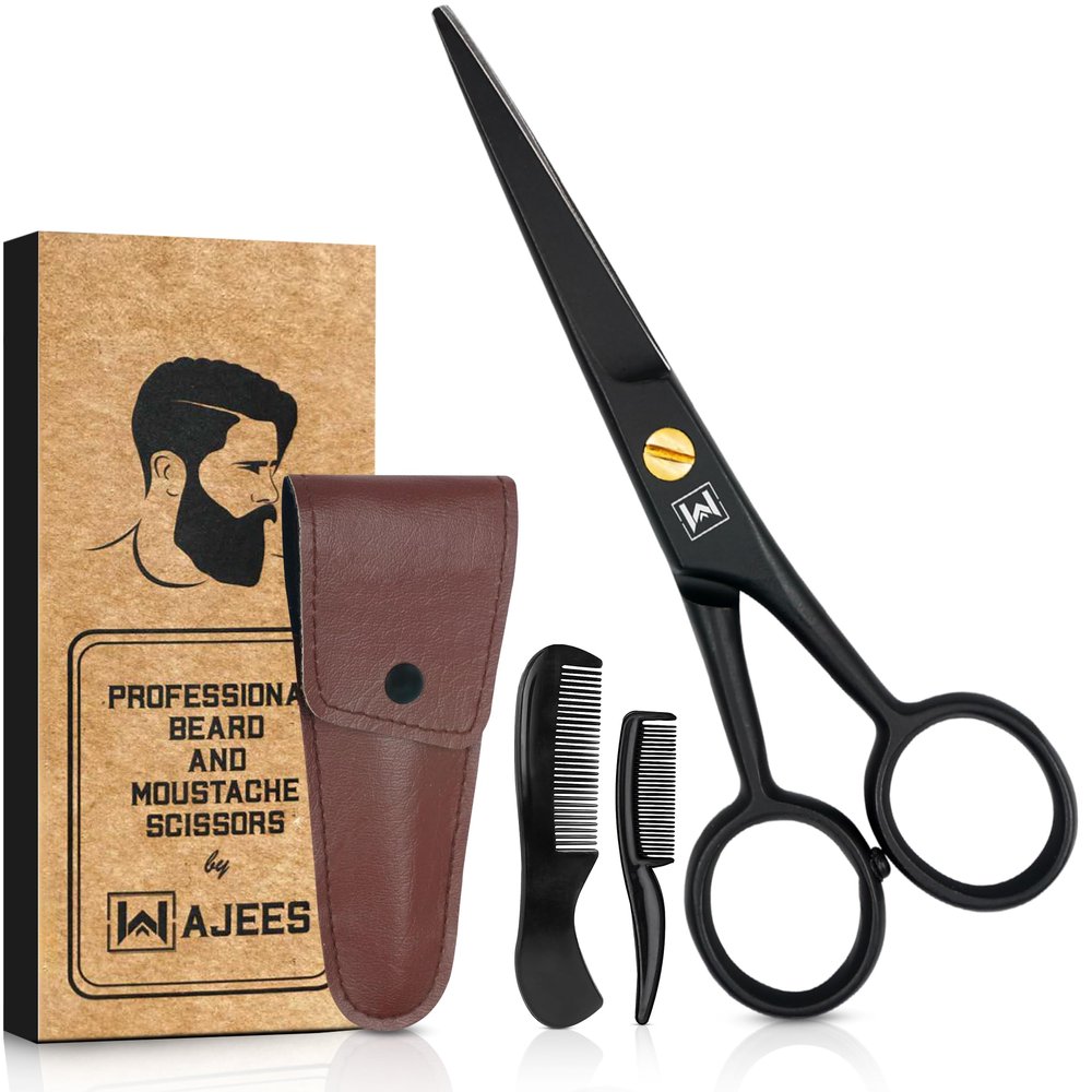 WAJEES Mustache & Beard Scissors for Men  Professional 5" Stainless Steel Grooming Kit with Comb & Travel Case  Sharp Facial Hair Trimming Tool for Mustache, Beard, Nose & Eyebrows