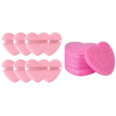 50 - Count Little Heart Cellulose Facial Sponges + 8pcs Wet and Dry Dual-use Makeup Puff, Pink
