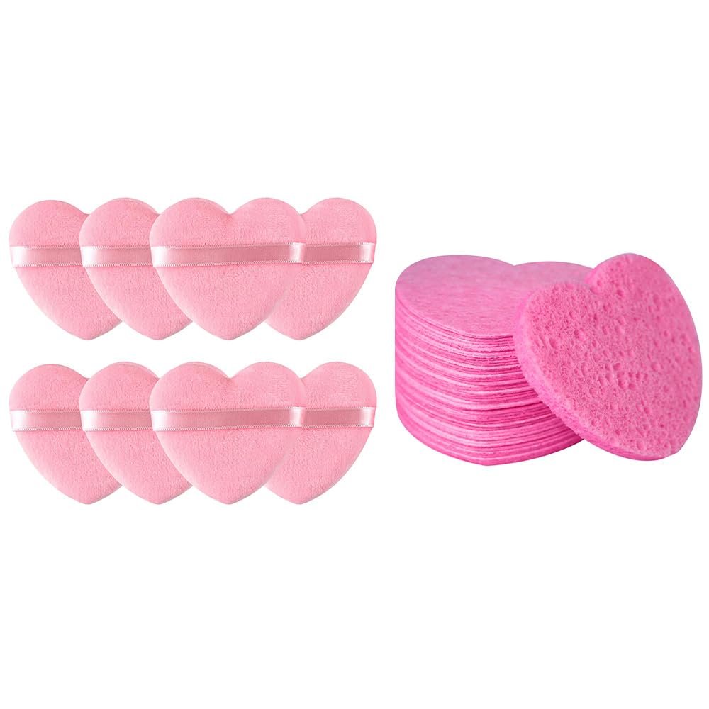 50 - Count Little Heart Cellulose Facial Sponges + 8pcs Wet and Dry Dual-use Makeup Puff, Pink